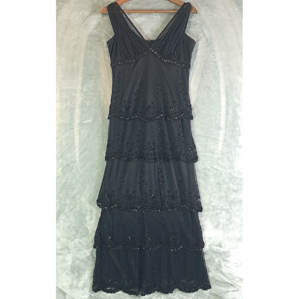 Vintage Stenay Size 10 Black Sleeveless Evening Dress Layered Beaded V Neck